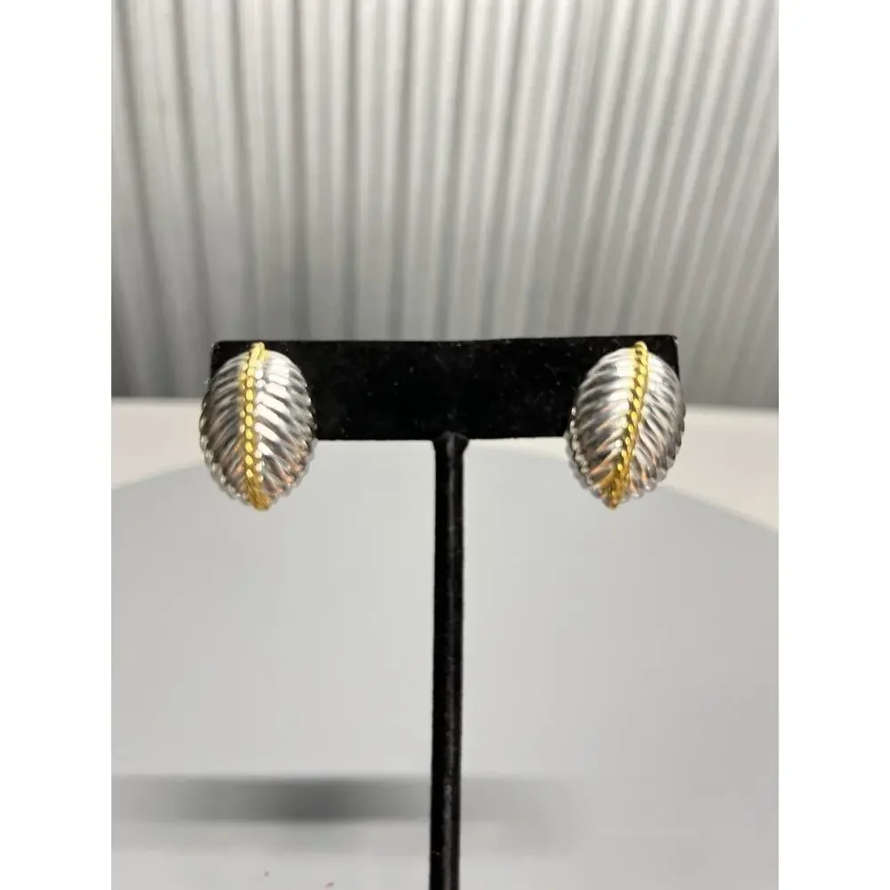 Textured Silver Tone Gold Accent Ribbed Oval Leaf Earrings Women’s Classic Post